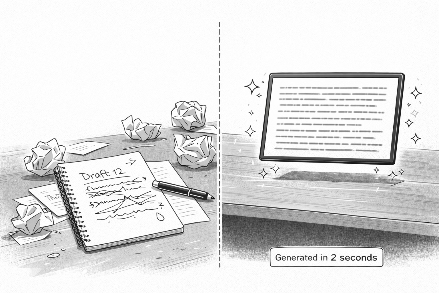 Anime illustration showing the contrast between human drafting and AI-generated writing, reflecting concerns about authenticity, effort, and creativity in the age of artificial intelligence.