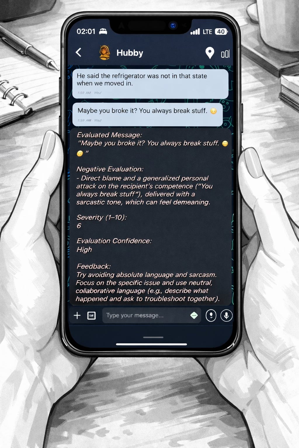 An illustration built around a real Communicat screenshot. Communicat is an AI communication app that identifies negative communication in messages, explains why a message may feel harmful, and helps create room for reflection, rephrasing, or apology before a fight escalates.