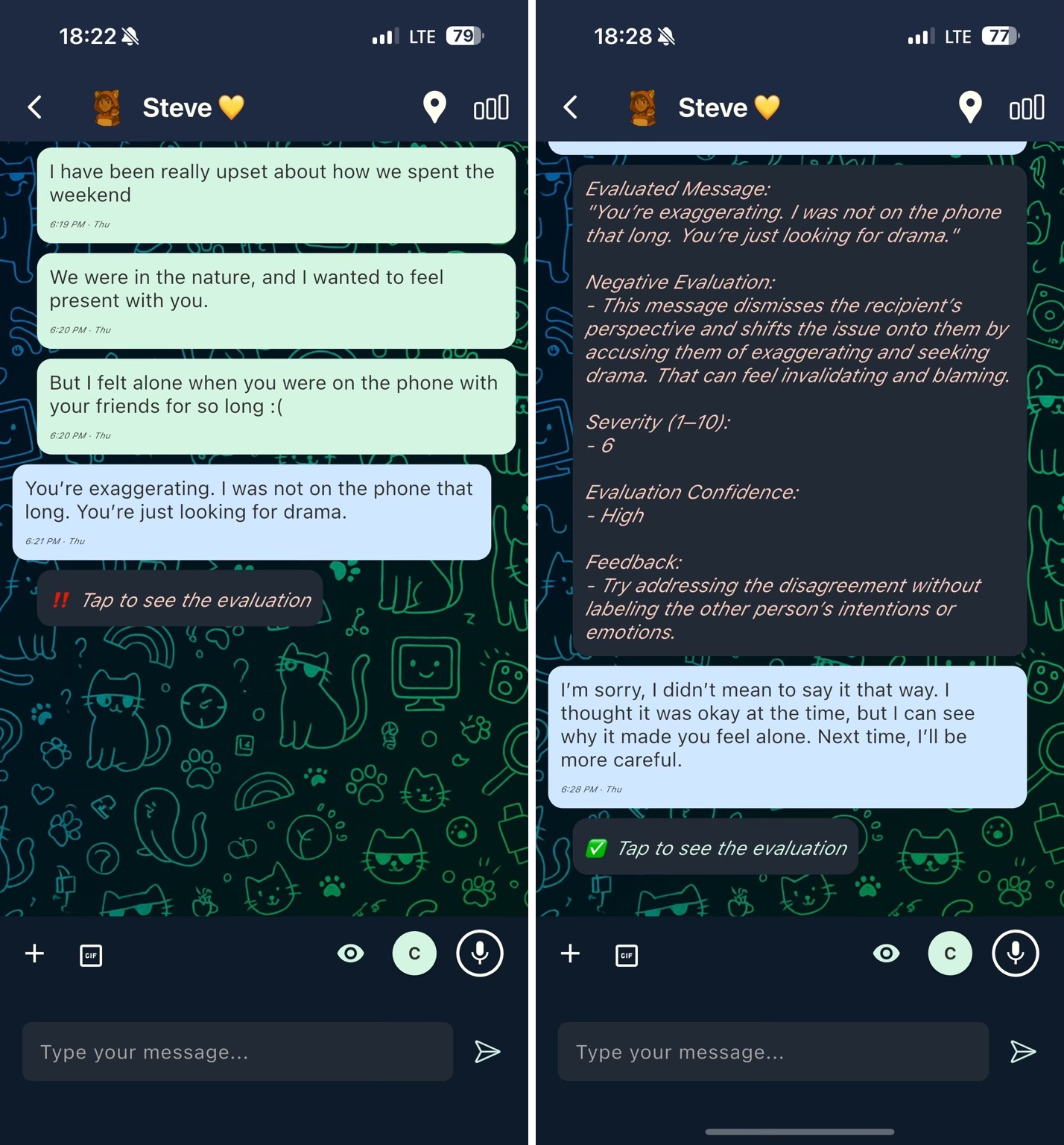 Communicat’s real-time message evaluation highlights a dismissive reply, helping interrupt the pattern before the conversation escalates and creating space for an apology and a better response.