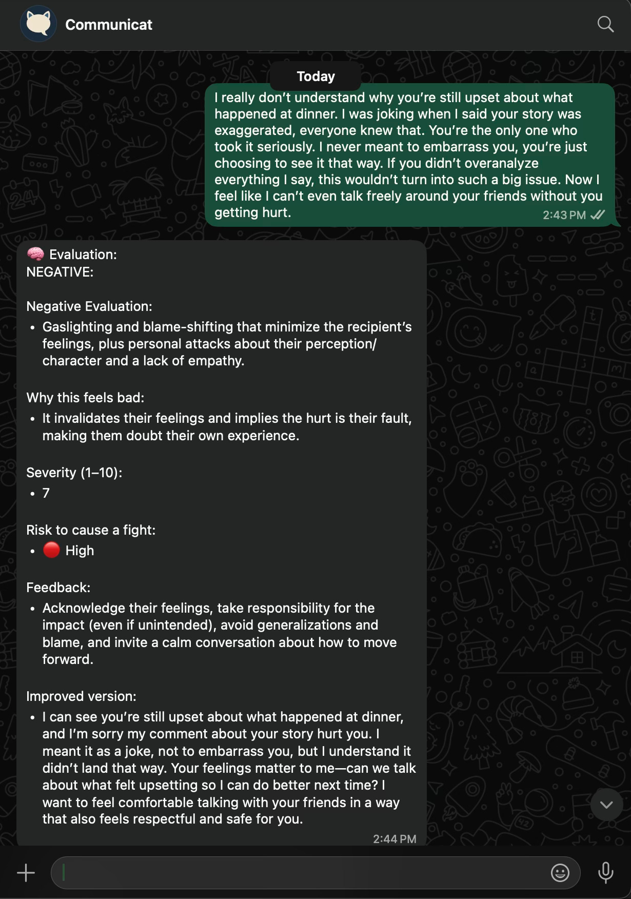 The screenshot Sarah shared with us of her conversation analysis from Communicat’s WhatsApp bot.