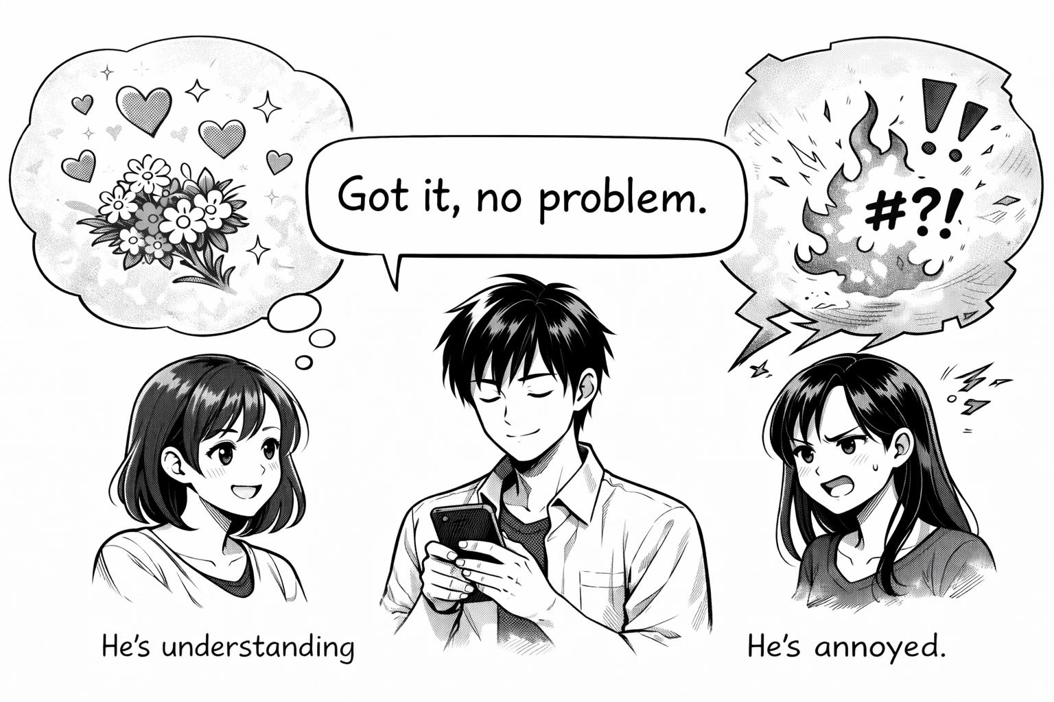 A single message can be received in very different ways depending on tone, context, and emotion. This black and white anime illustration highlights how even a phrase like “Got it, no problem.” can feel warm to one person and irritated to another, revealing why communication misunderstandings happen so easily.